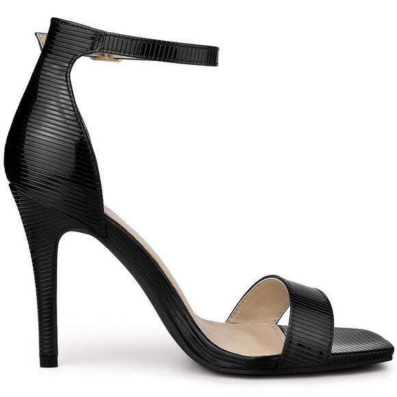 Women's Square Open Toe Metallic Buckle Ankle Strap Stiletto Heel Sandals Black - Picture 5 of 5